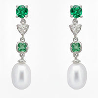 Silver drop earrings with green emerald stones and white pearl dangles