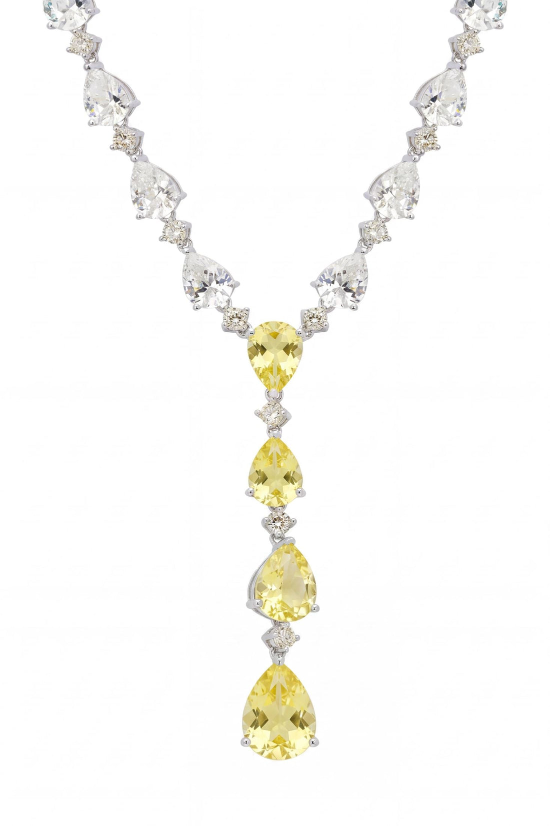 Silver statement necklace with yellow topaz teardrop stones and clear crystal links