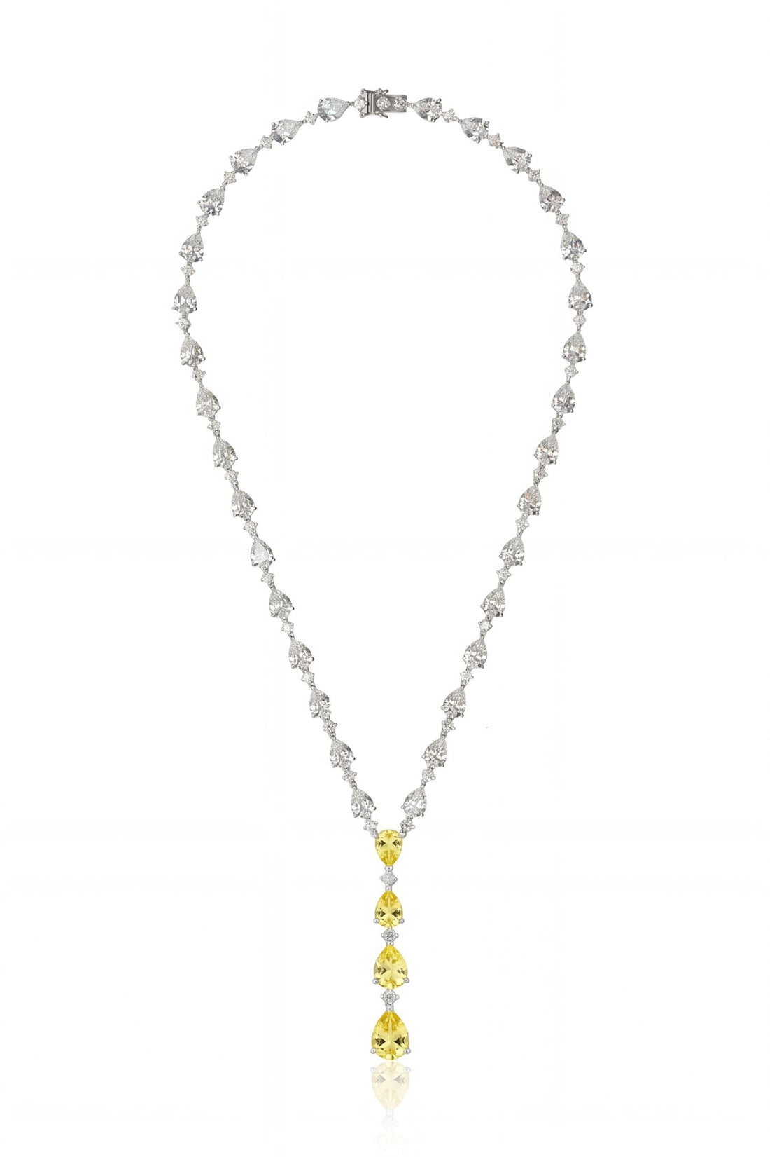 Silver necklace with faceted yellow topaz center drops and clear crystal chain