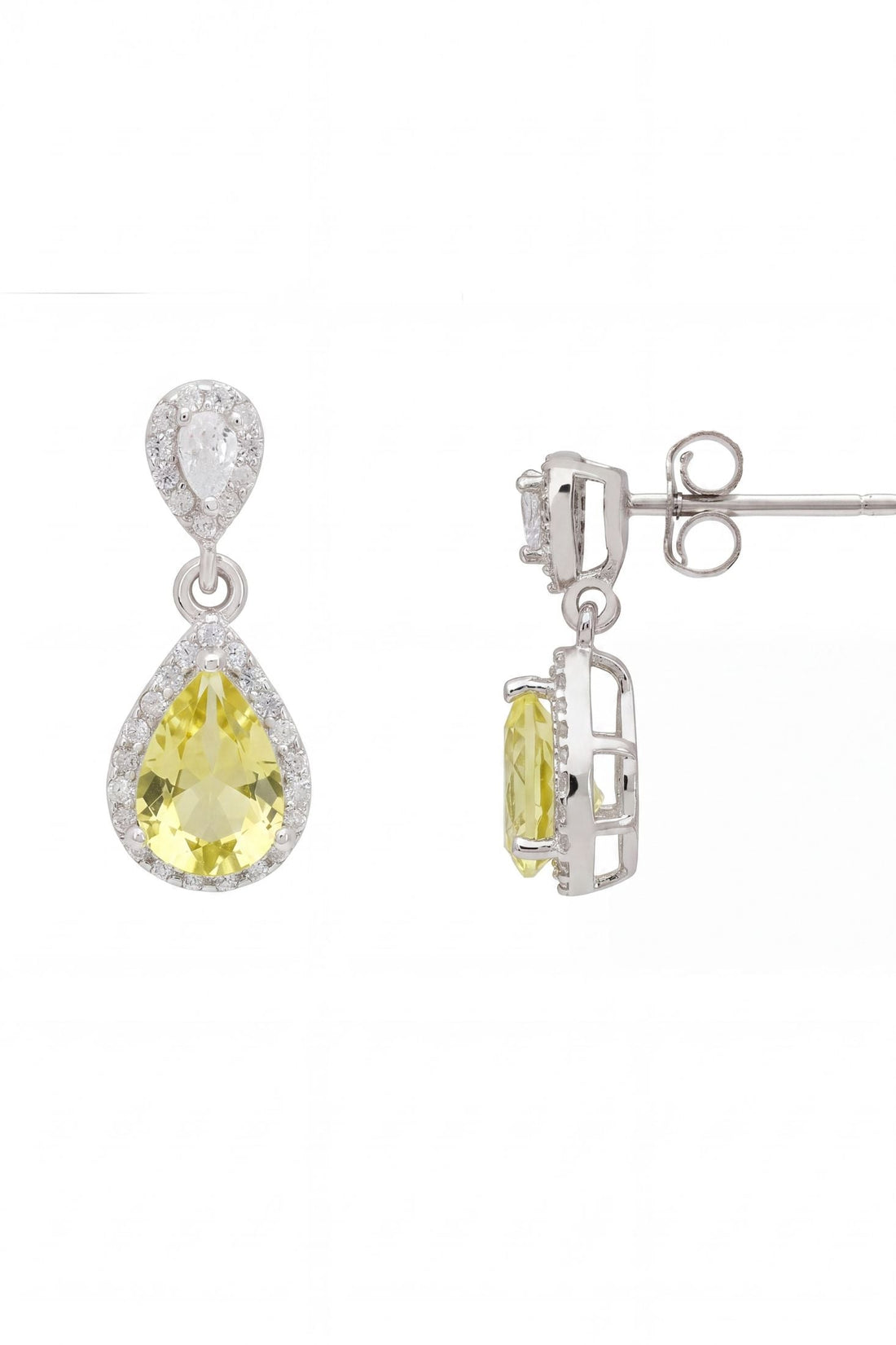 Phillippa drop earrings in silver with yellow topaz stones, front and side view