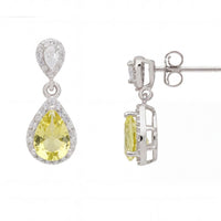 Phillippa drop earrings in silver with yellow topaz stones, front and side view