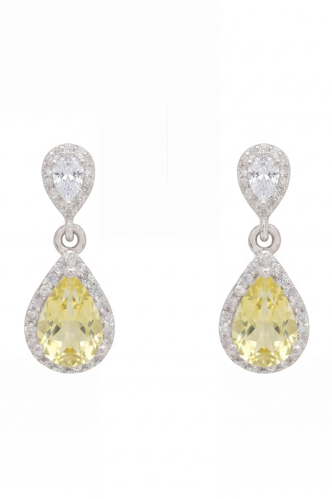Phillippa drop earrings in silver with teardrop yellow topaz and clear stone accents