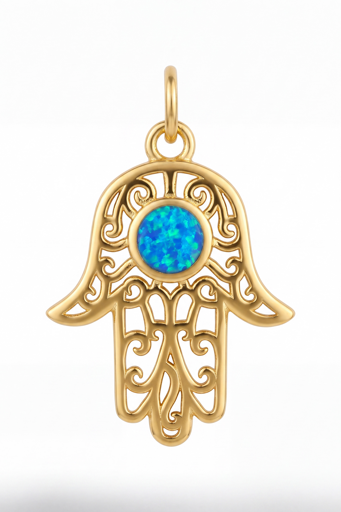 Gold hamsa hand filigree pendant with bright blue opal-style center stone