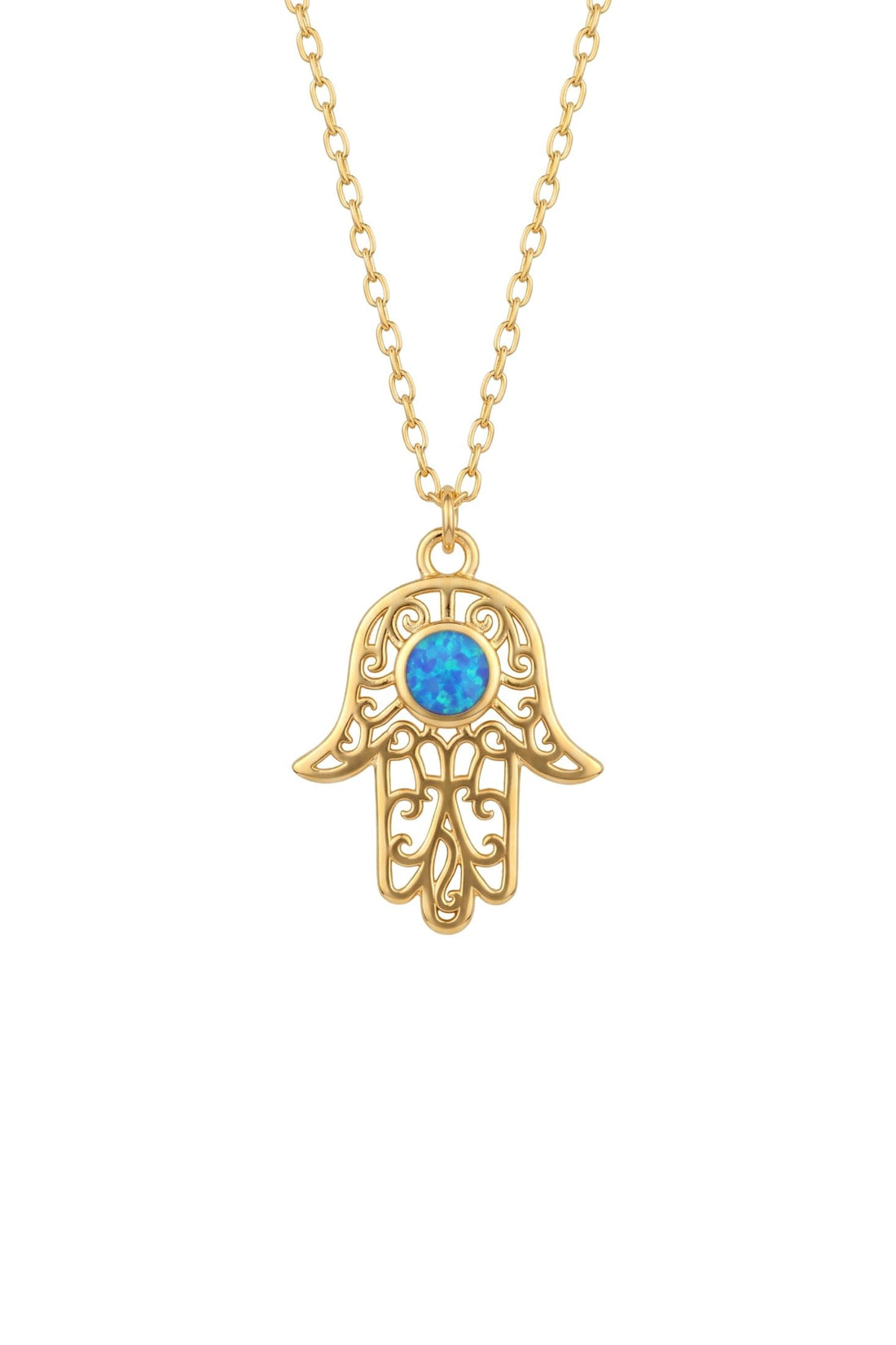 Gold hamsa hand pendant necklace with blue opal-style center stone and filigree frame