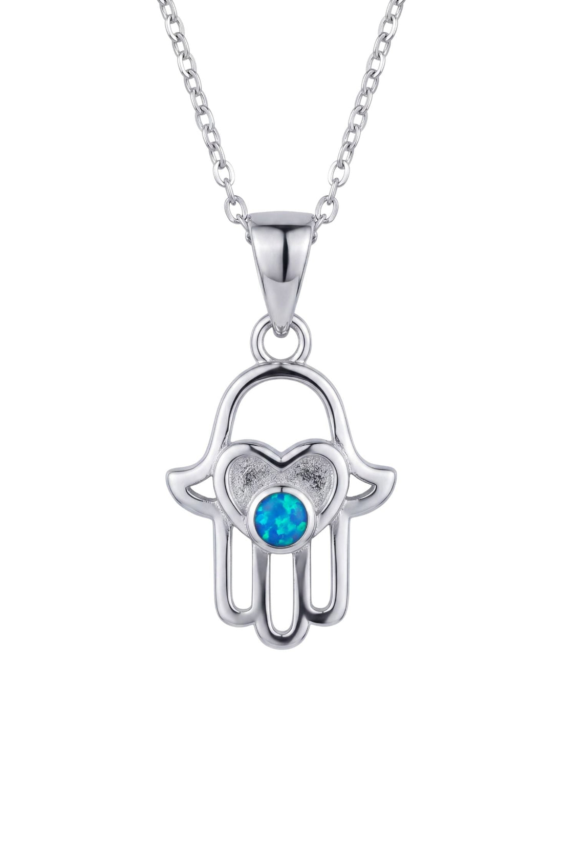 Silver hamsa hand pendant necklace with blue opal-style round center charm