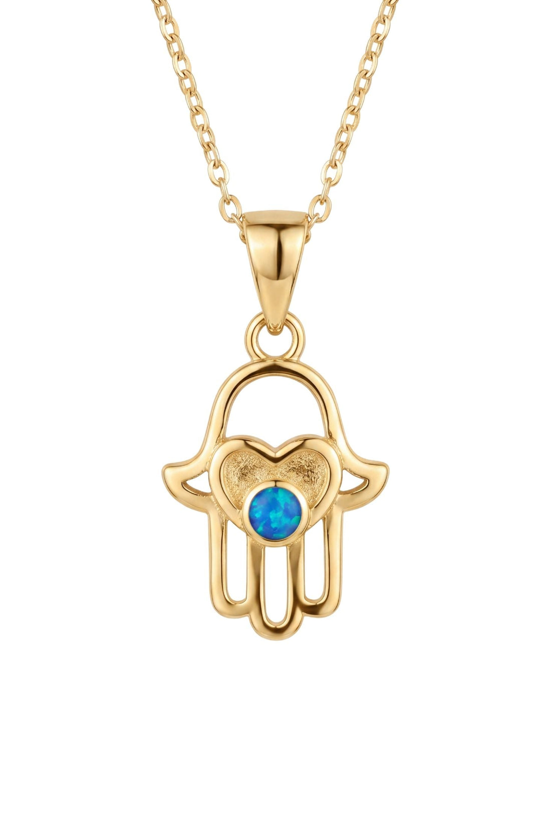 Gold hamsa hand pendant necklace with blue opal-style center, on a chain