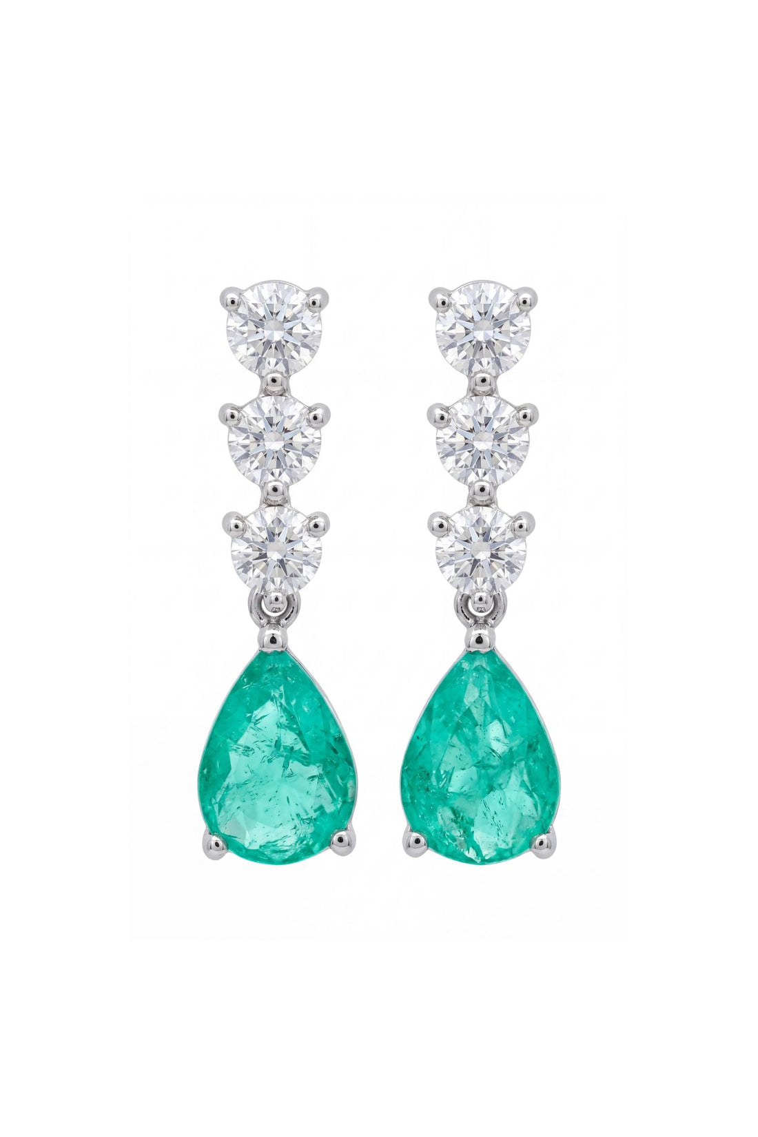 Silver triple drop earrings with teal teardrop stones and round diamond accents