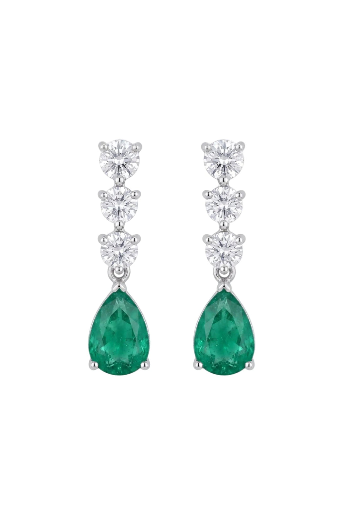 Silver triple-drop earrings with emerald-green pear stones and heart accents