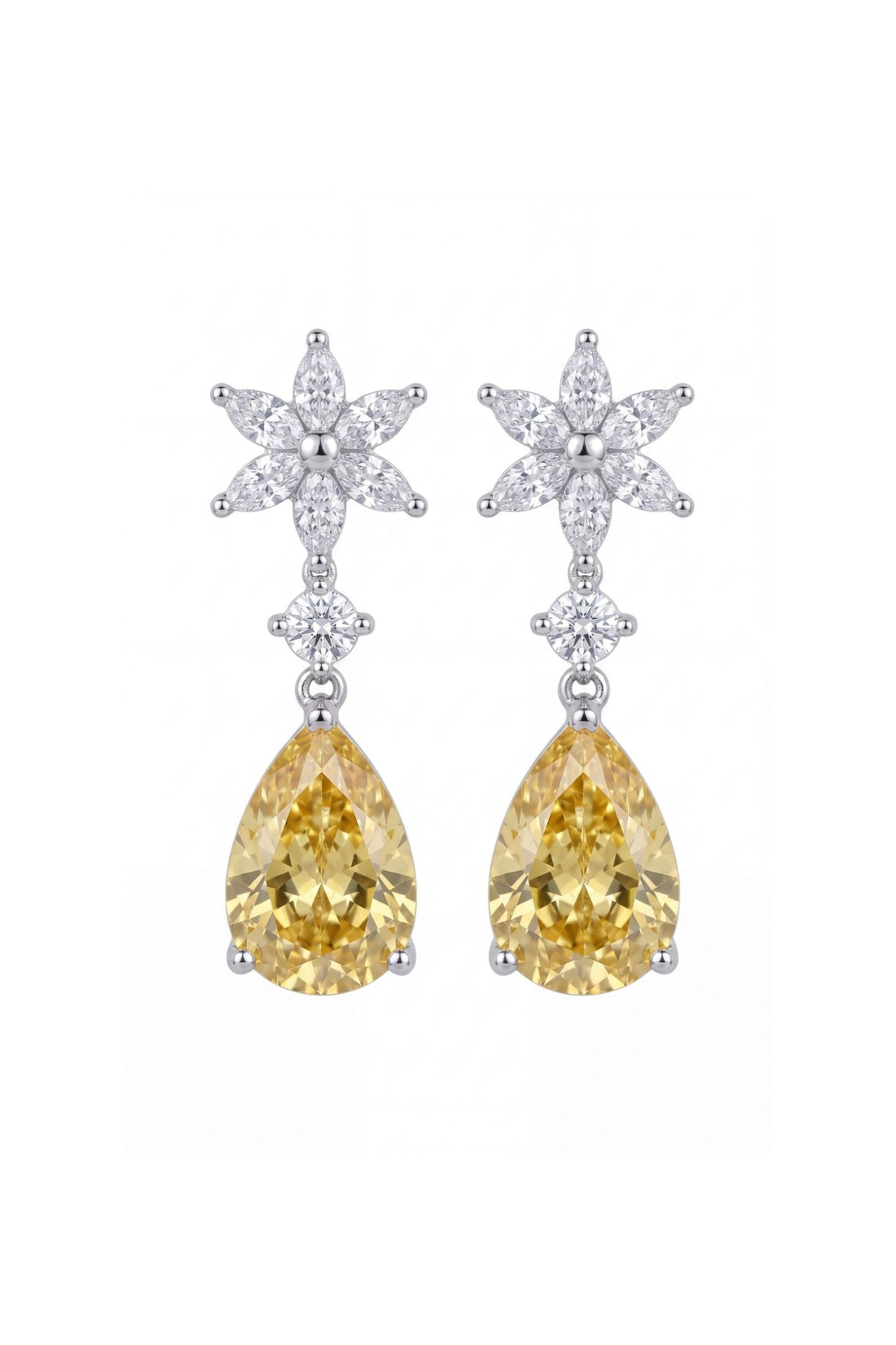 Silver drop earrings with yellow pear gemstones and crystal flower accents