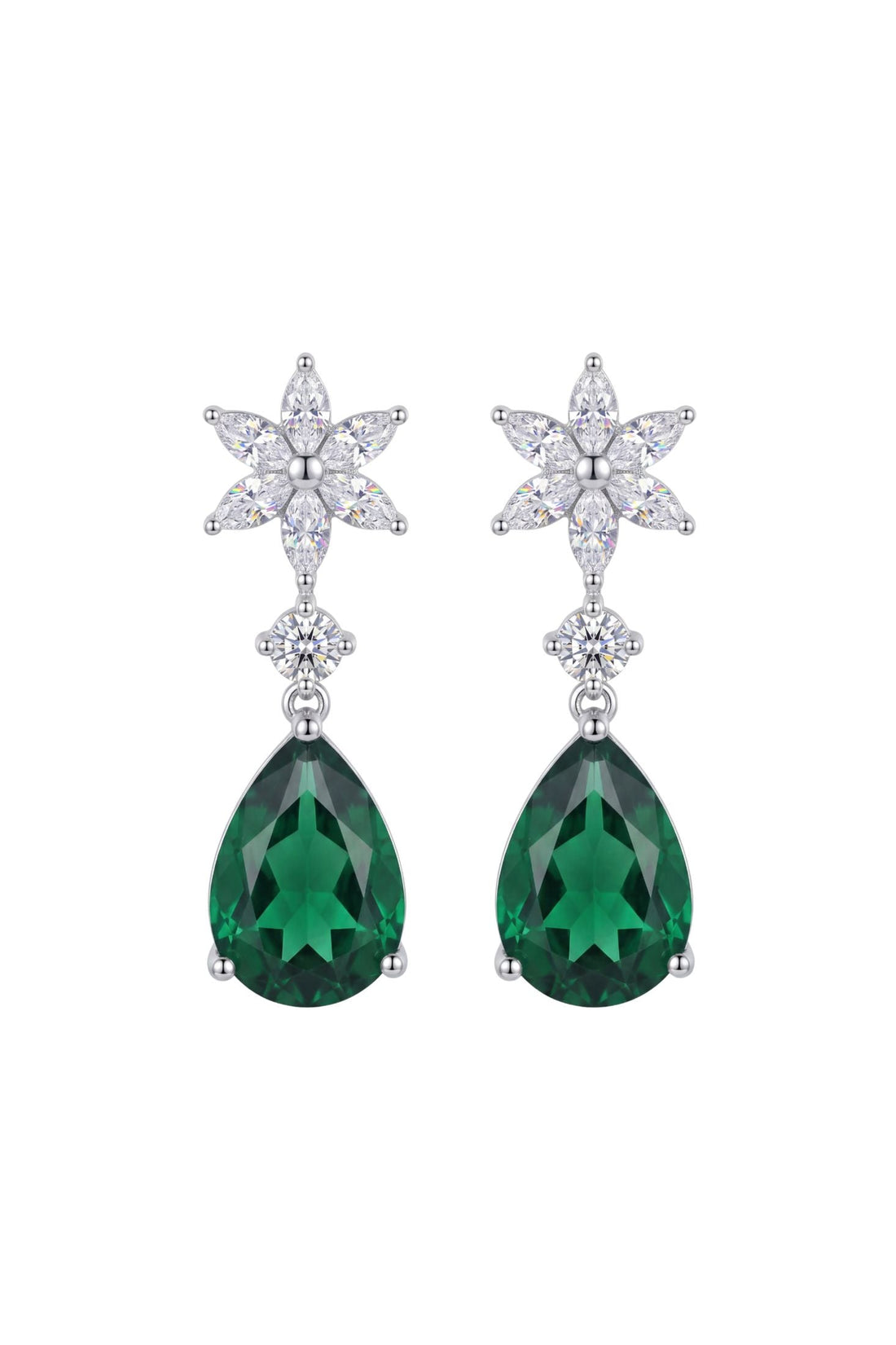 Silver drop earrings with clear crystal flower tops and green teardrop gems