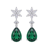 Silver drop earrings with clear crystal flower tops and green teardrop gems