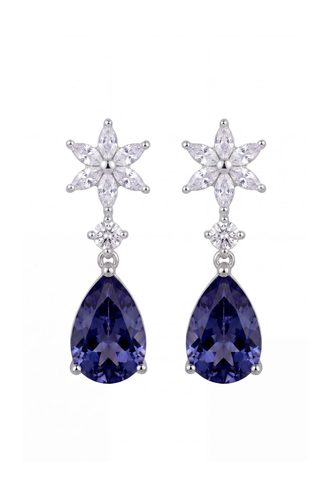 Silver drop earrings with crystal starburst tops and deep blue teardrop stones