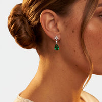 Silver earrings with crystal flower studs and emerald-green teardrop dangles