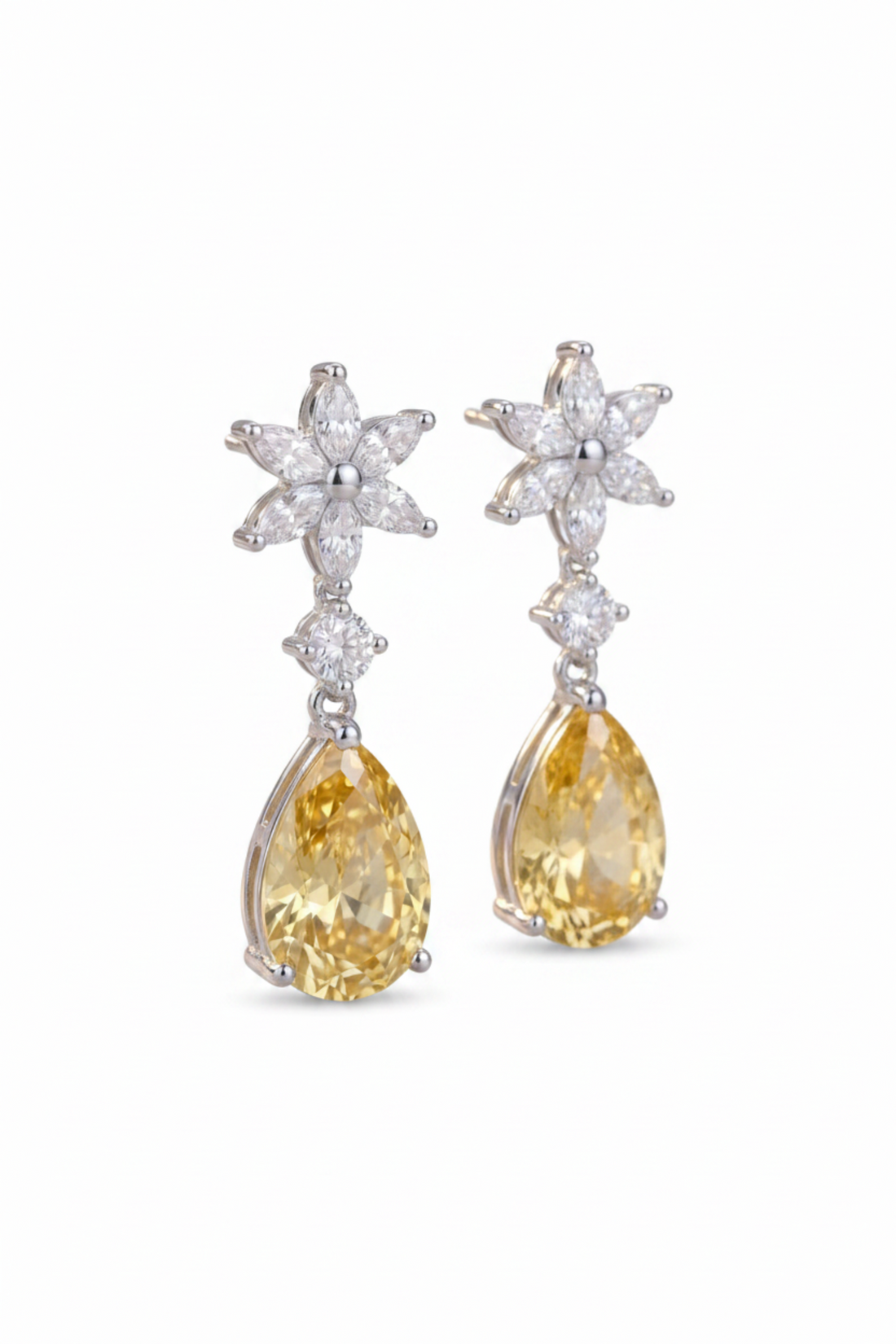 Silver teardrop drop earrings with yellow pear gemstones and crystal flower clusters