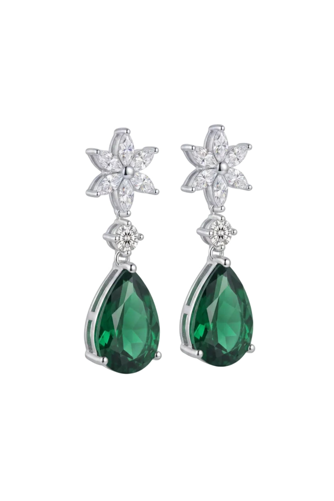Crystal floral silver drop earrings with emerald-green pear-shaped stones