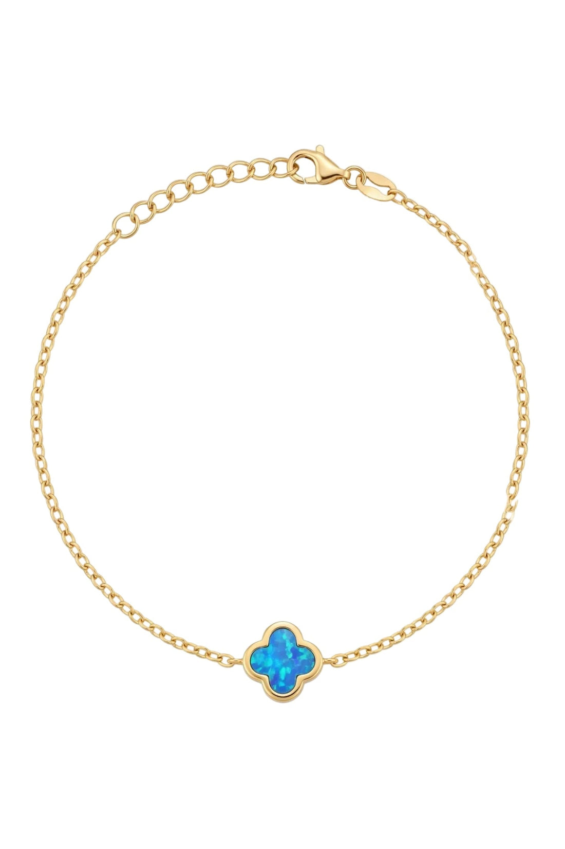 Gold chain bracelet with blue four-leaf clover charm and small clasp
