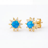 Gold sunflower blue opal stud earrings with butterfly back clasp