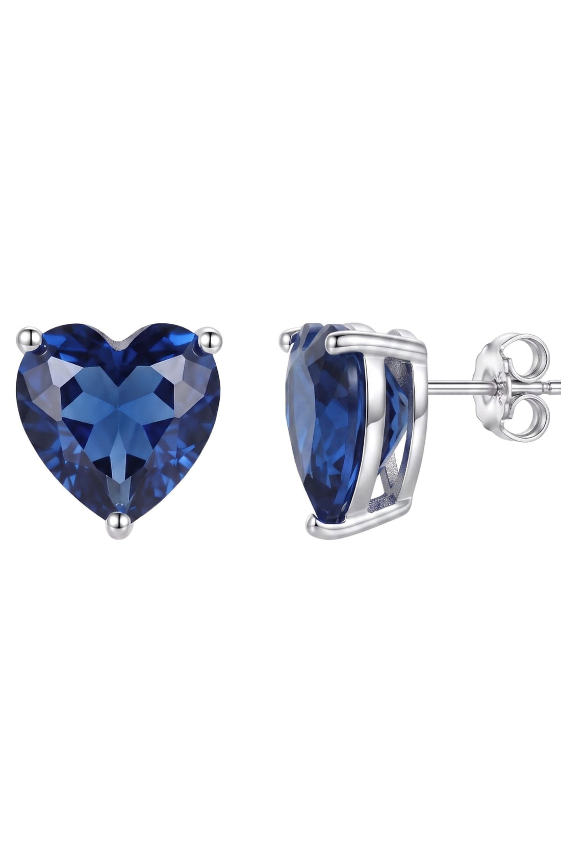 Sapphire-blue heart stud earrings with silver hinged backing, side view