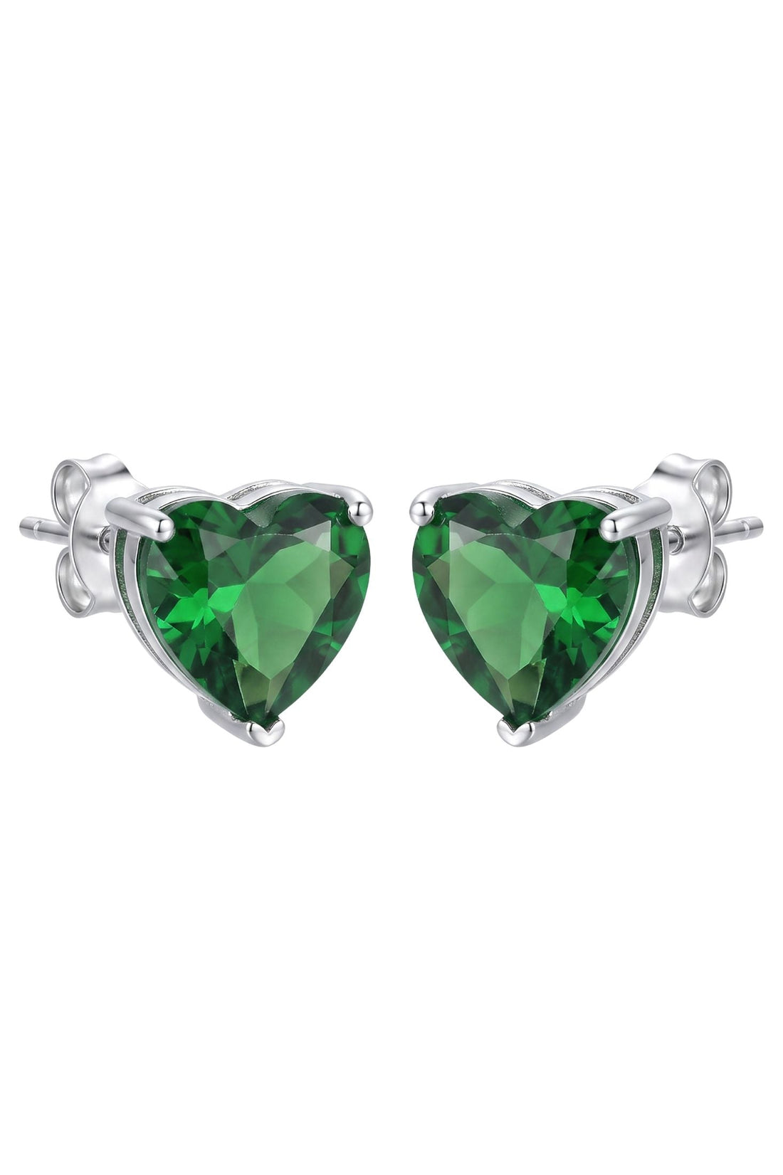 Silver heart stud earrings with emerald-green faceted gemstone