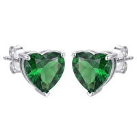 Silver heart stud earrings with emerald-green faceted gemstone