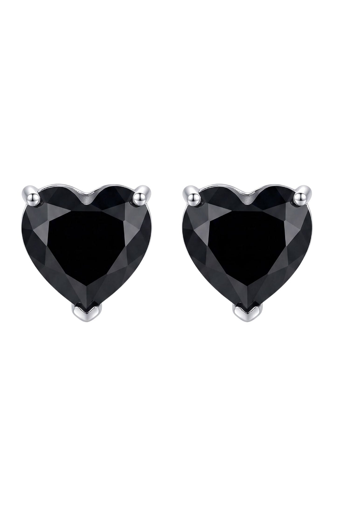Heart stud earrings with faceted black gemstone and silver-tone prongs