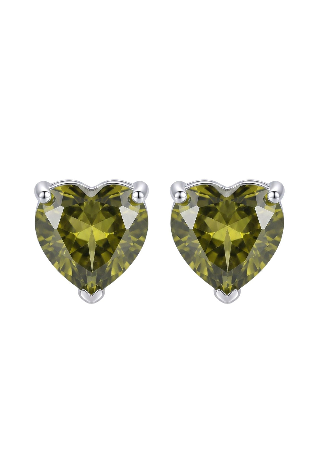 Silver heart stud earrings with peridot-green faceted gemstones