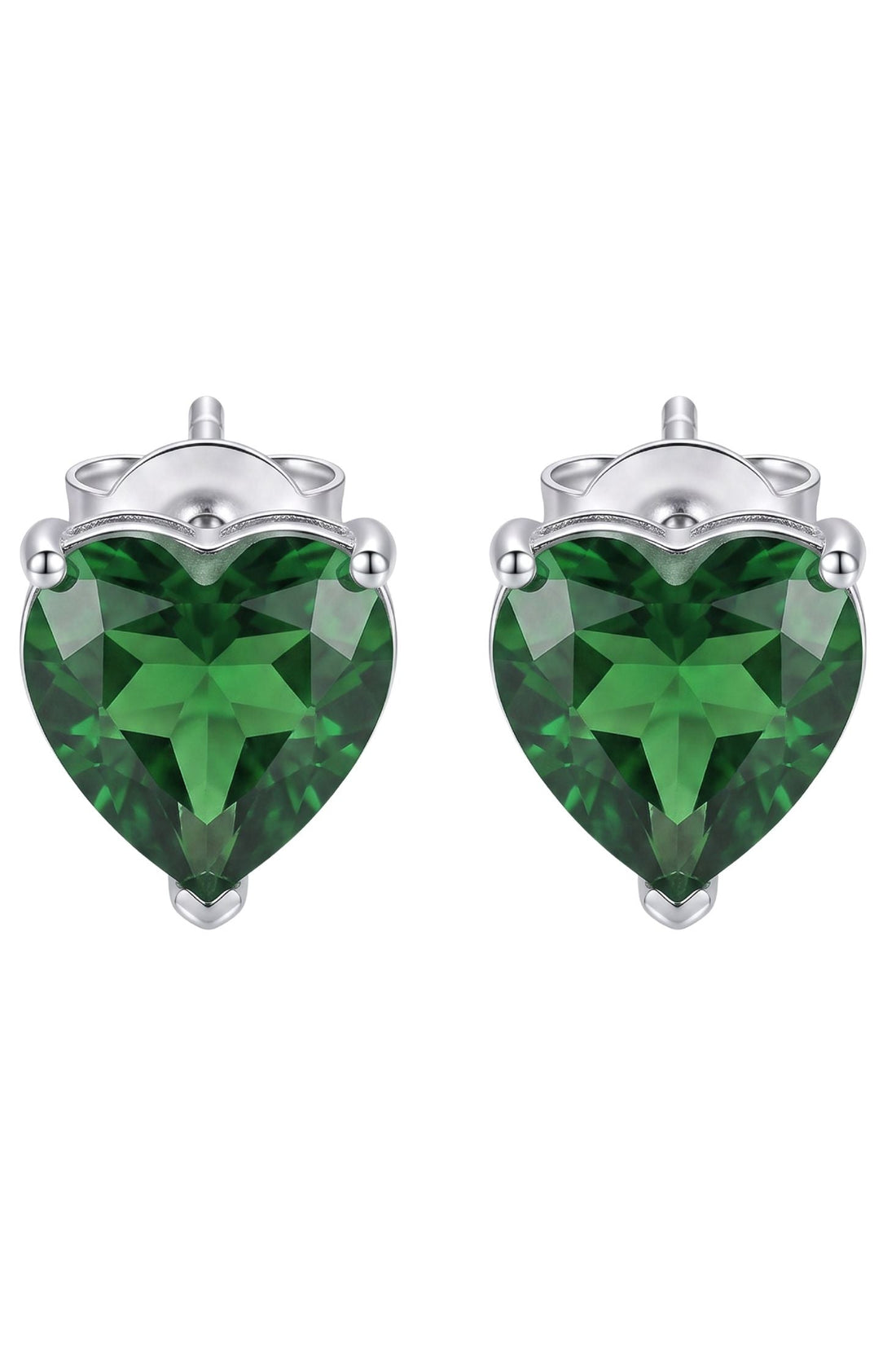 Silver heart stud earrings with emerald-green faceted gemstone centers
