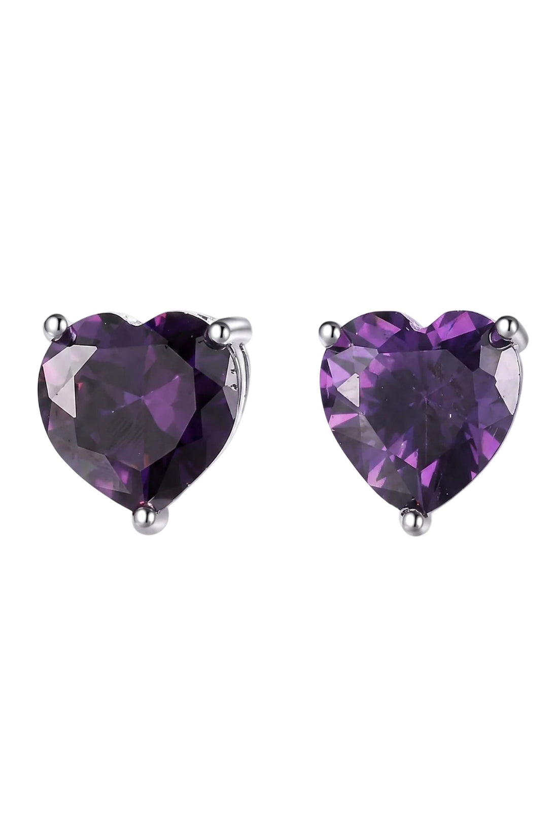Silver heart-shaped amethyst stud earrings with faceted purple stones