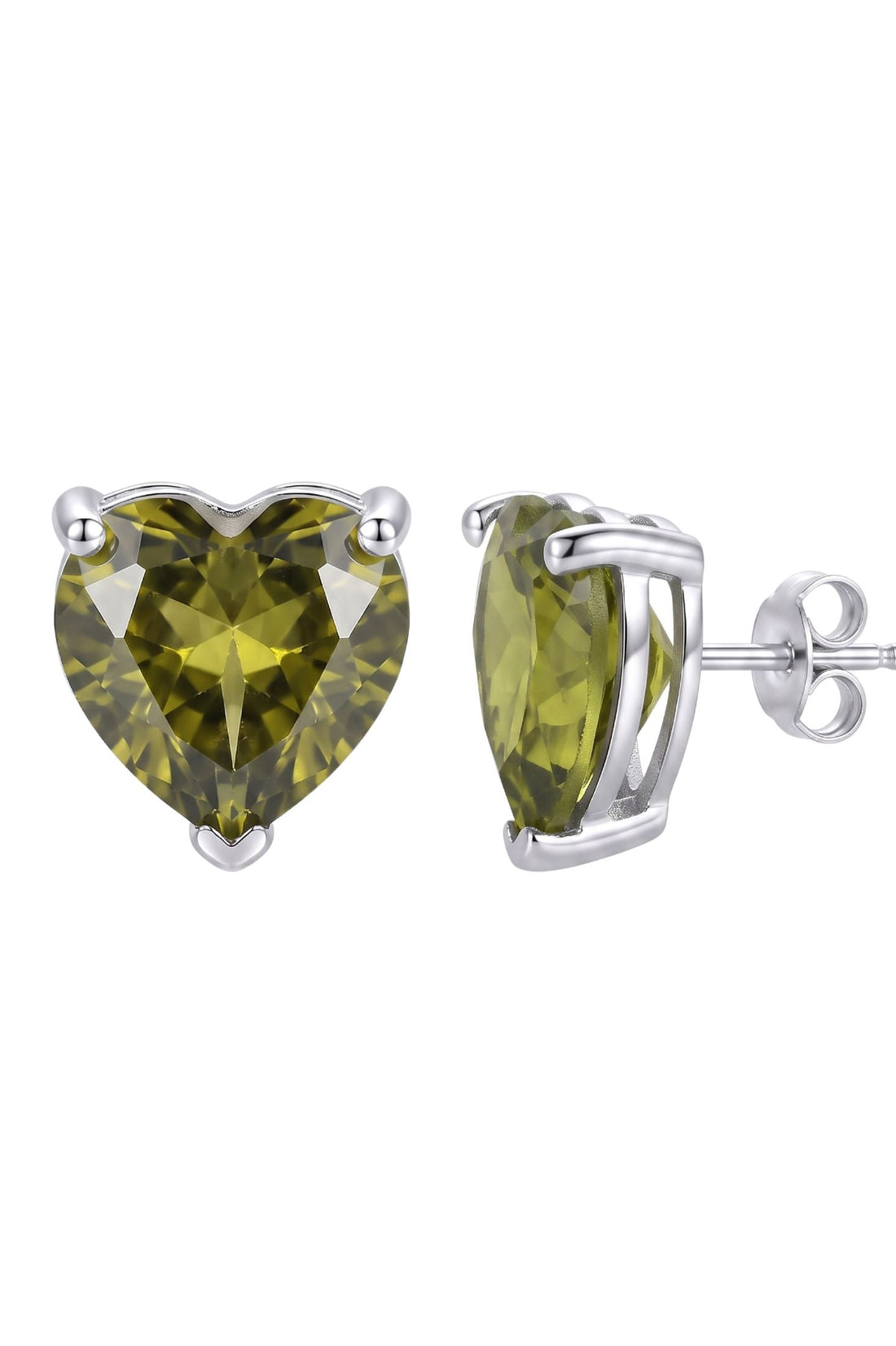 Silver heart stud earrings with peridot-green faceted stone, back view