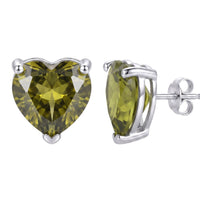 Silver heart stud earrings with peridot-green faceted stone, back view