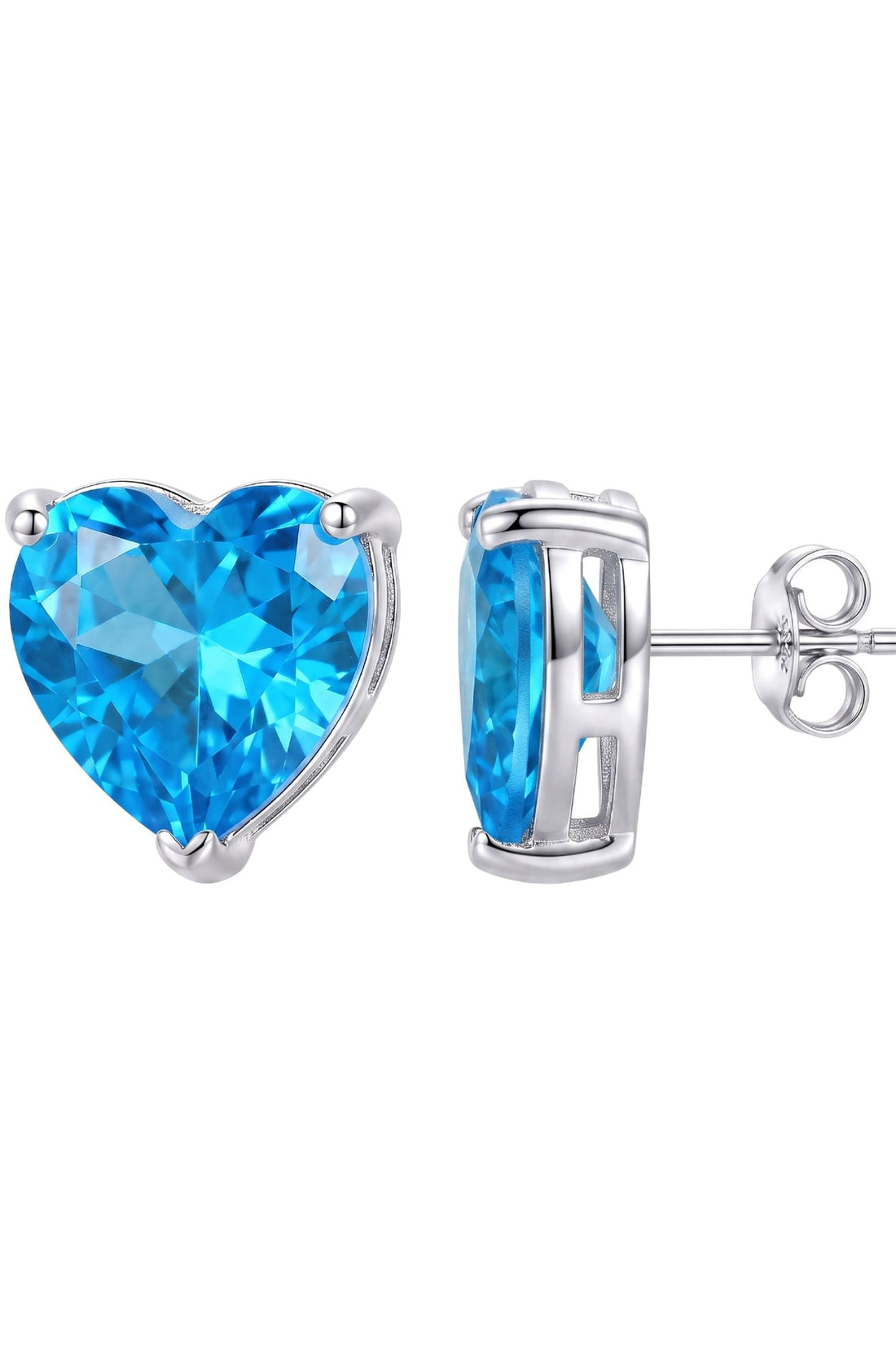 Heart blue topaz stud earrings in silver with visible clasp backing