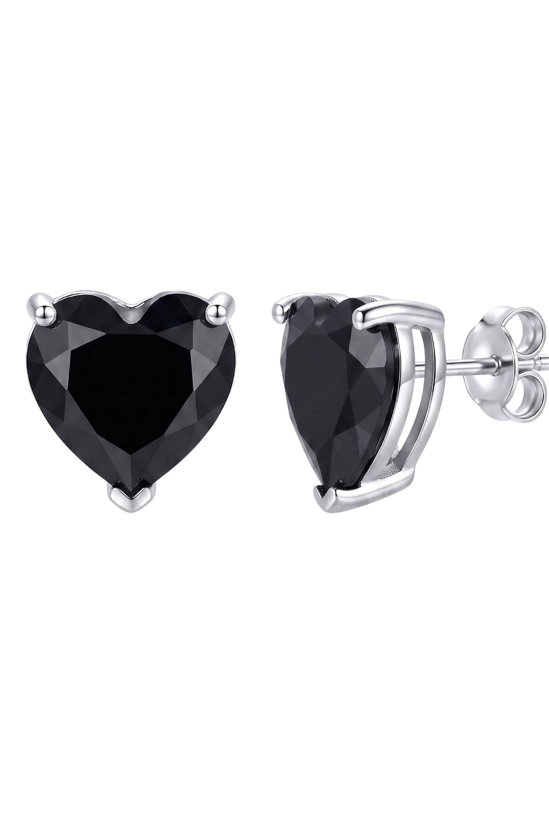 Heart stud earrings with black faceted stone, back with butterfly clasp