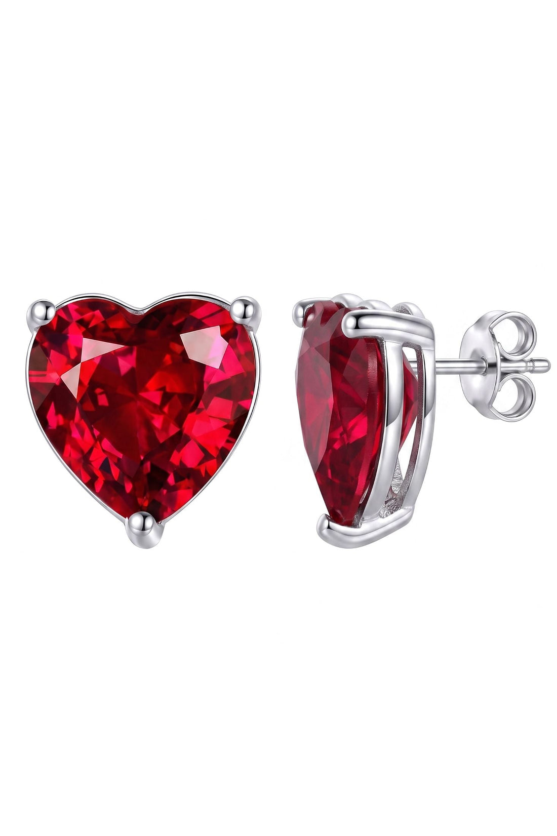 Red heart stud earrings with garnet-like gem, silver hinged clasp