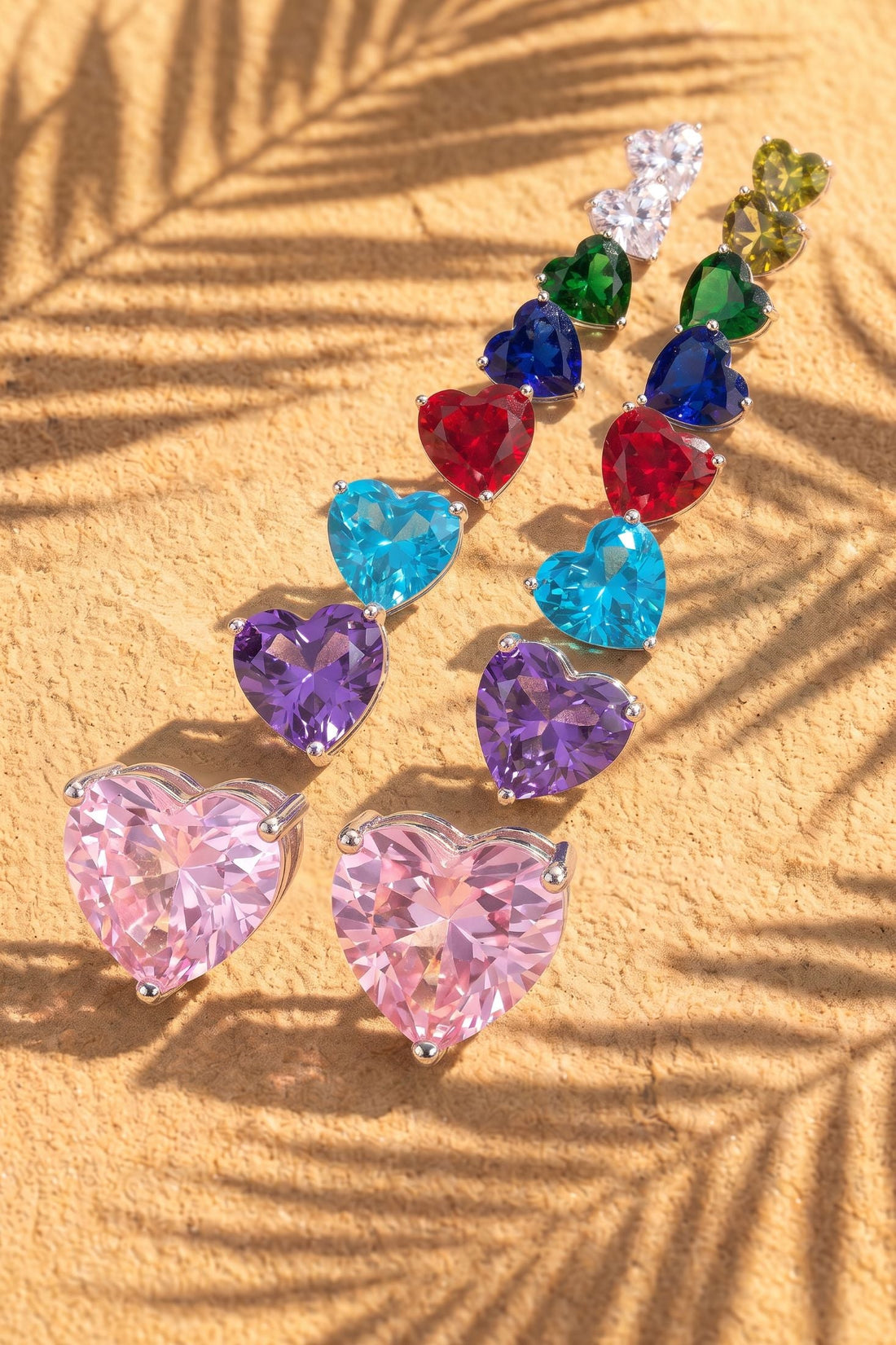 Multi-color heart gemstone stud earrings in silver with heart-cut stones