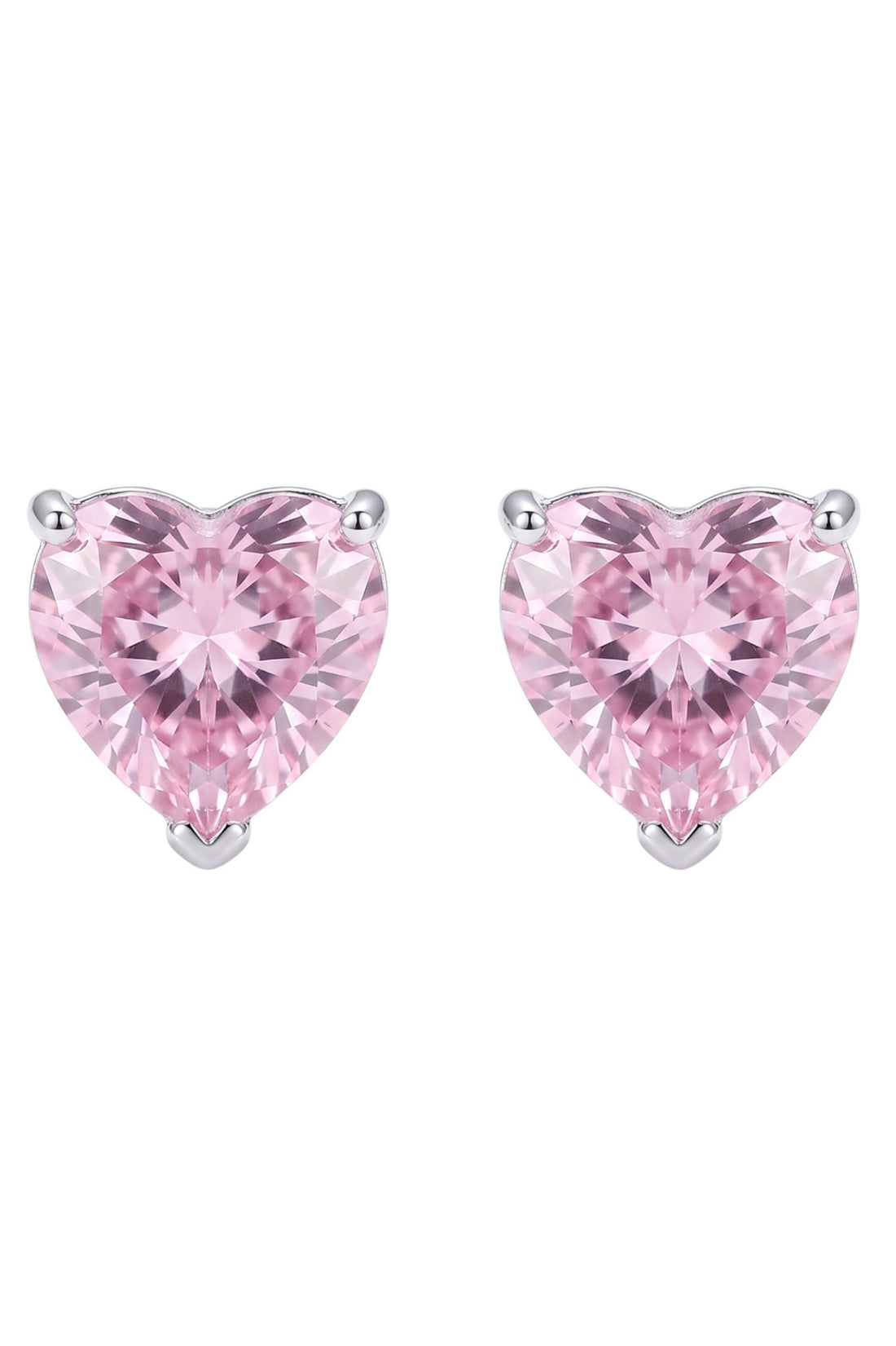 Heart-shaped pink gemstone stud earrings with silver-tone prongs