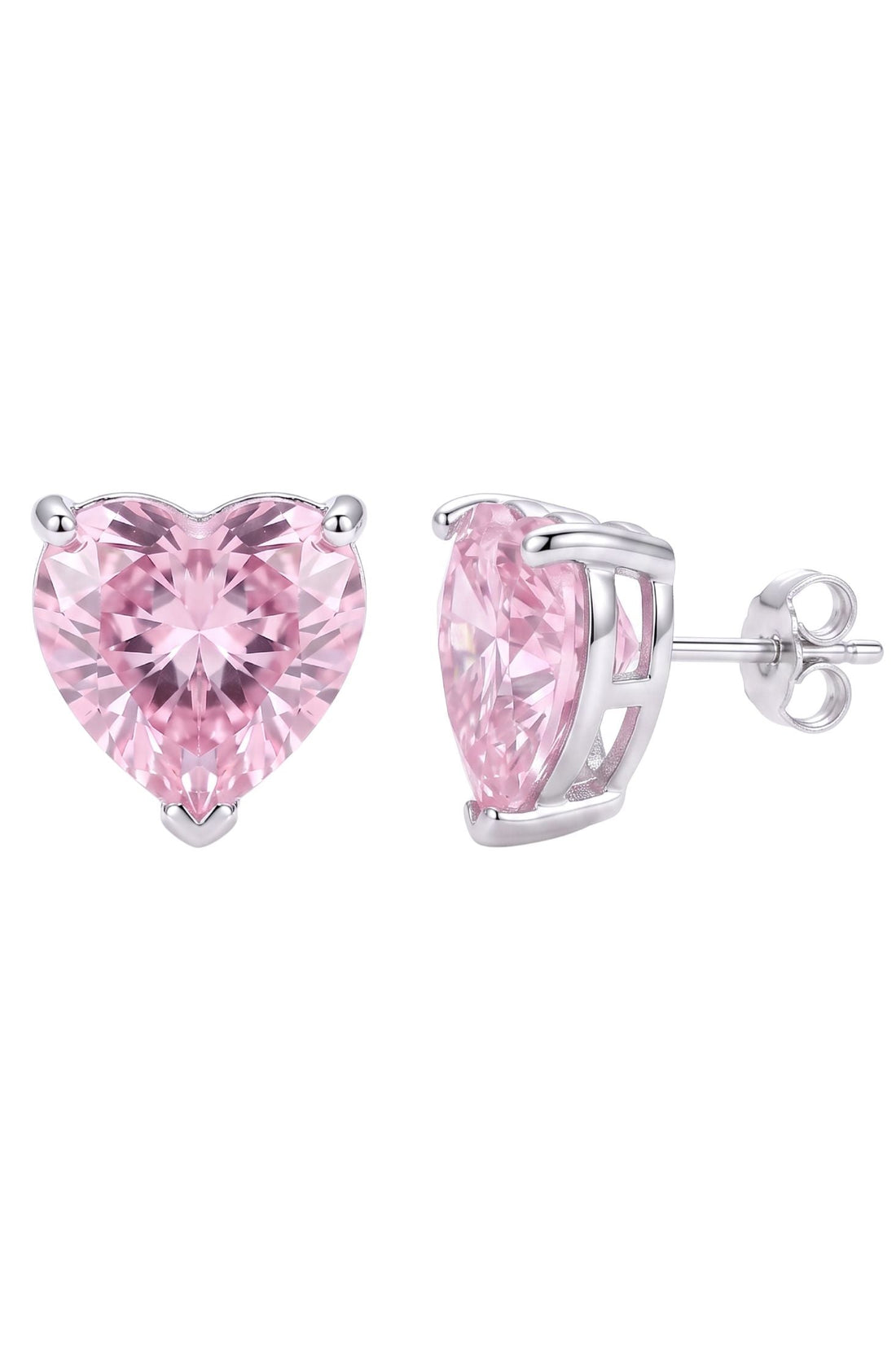 Heart-shaped pink gemstone stud earrings with silver-tone hinged backs
