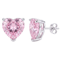 Heart-shaped pink gemstone stud earrings with silver-tone hinged backs