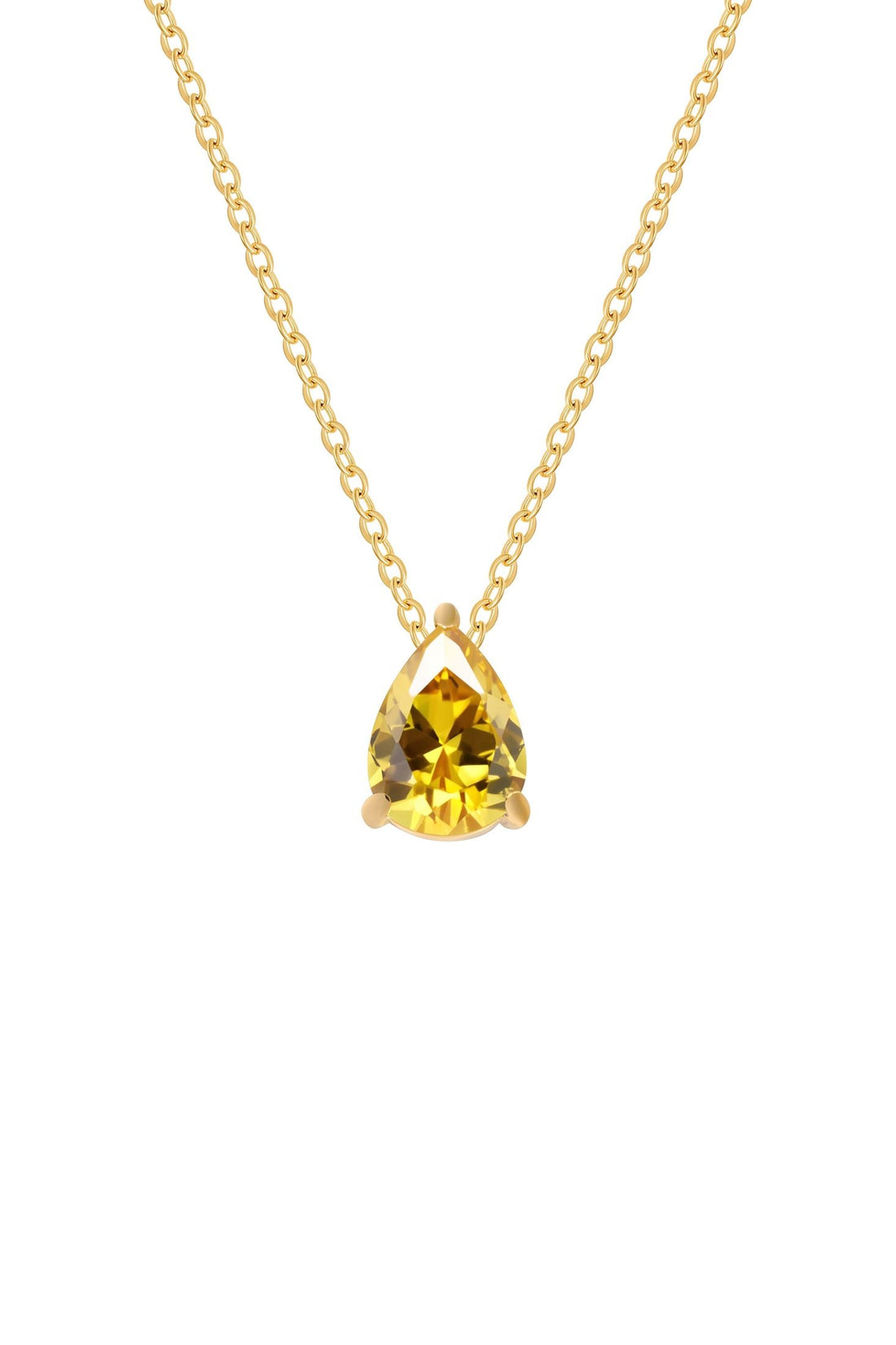 Gold teardrop necklace with yellow citrine pendant on a fine chain