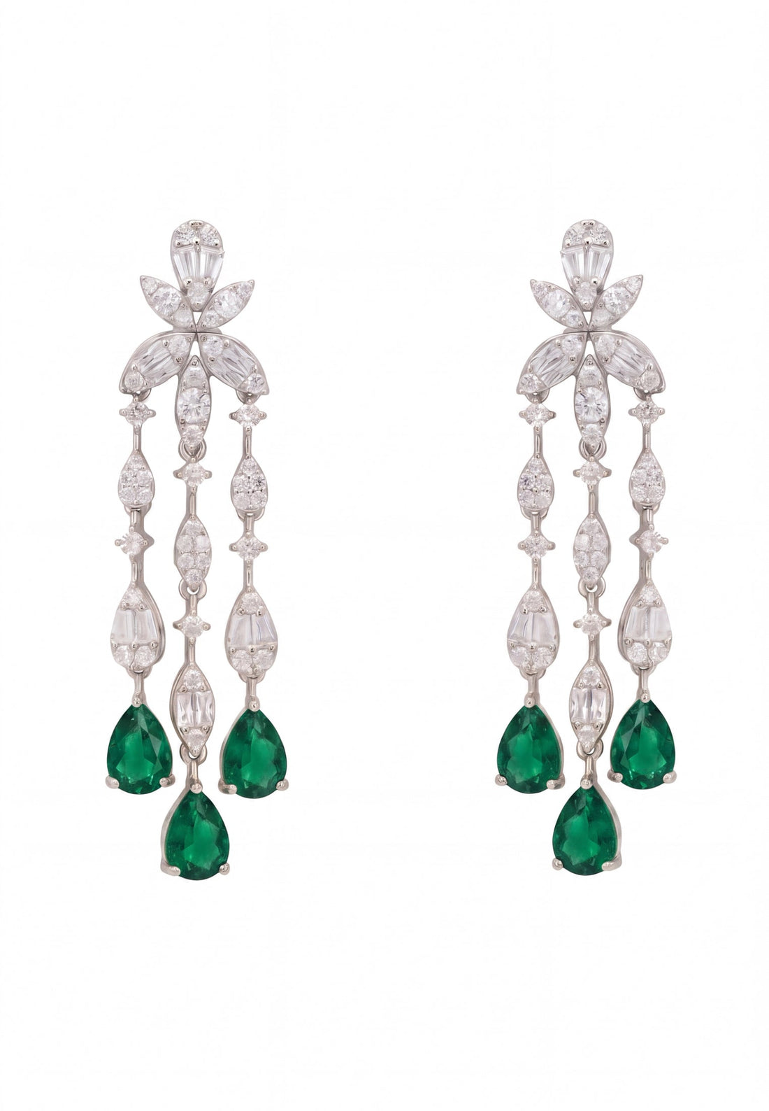 Silver drop earrings with cubic zirconia clusters and green teardrop emerald drops