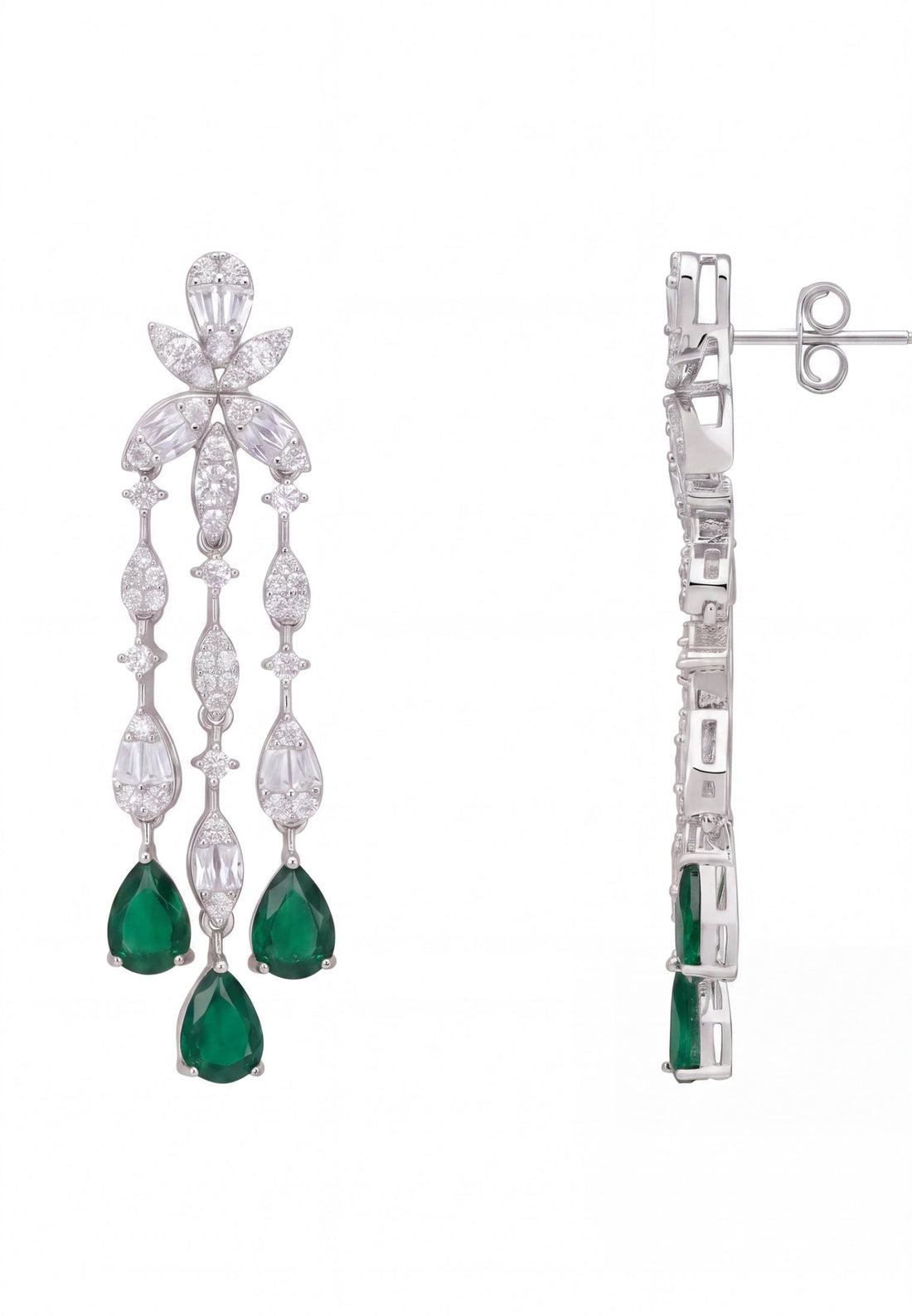 Silver drop earrings with emerald green teardrop stones, front and side view