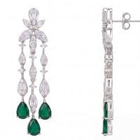Silver drop earrings with emerald green teardrop stones, front and side view
