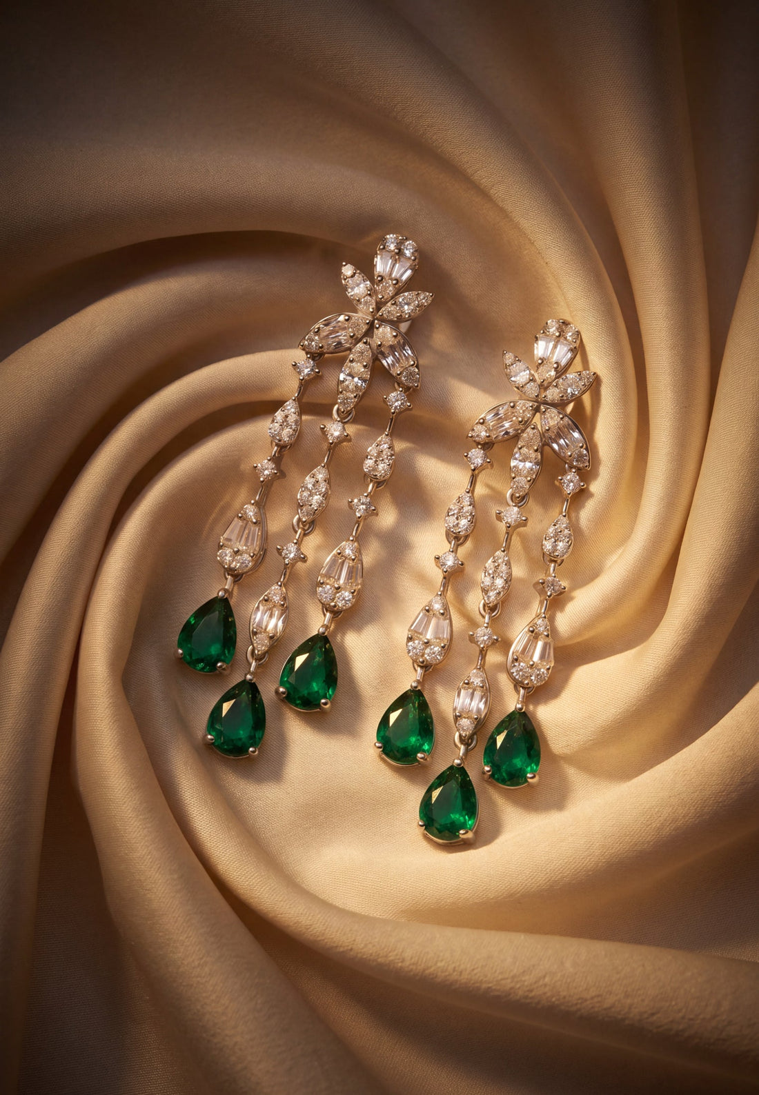 Pair of silver drop earrings with emerald-green teardrop stones and zirconia links