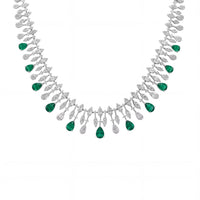 Silver-tone choker necklace with emerald-green teardrop stones and clear accents
