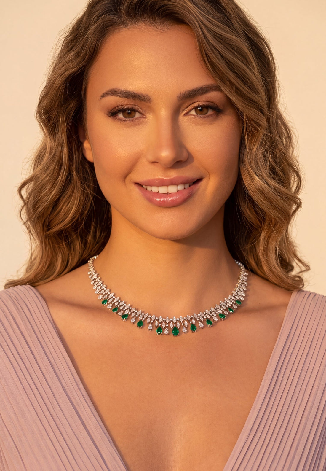 Silver-tone emerald-green teardrop choker necklace with clear stone border