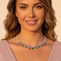 Silver-tone emerald-green teardrop choker necklace with clear stone border