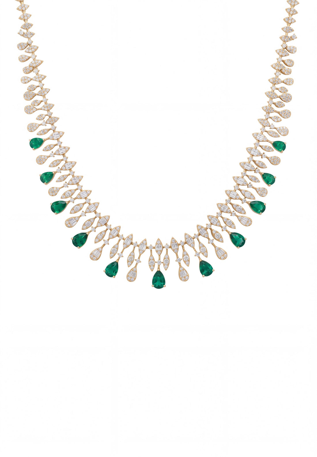 Gold statement necklace with emerald green teardrop gemstones and rhinestone links