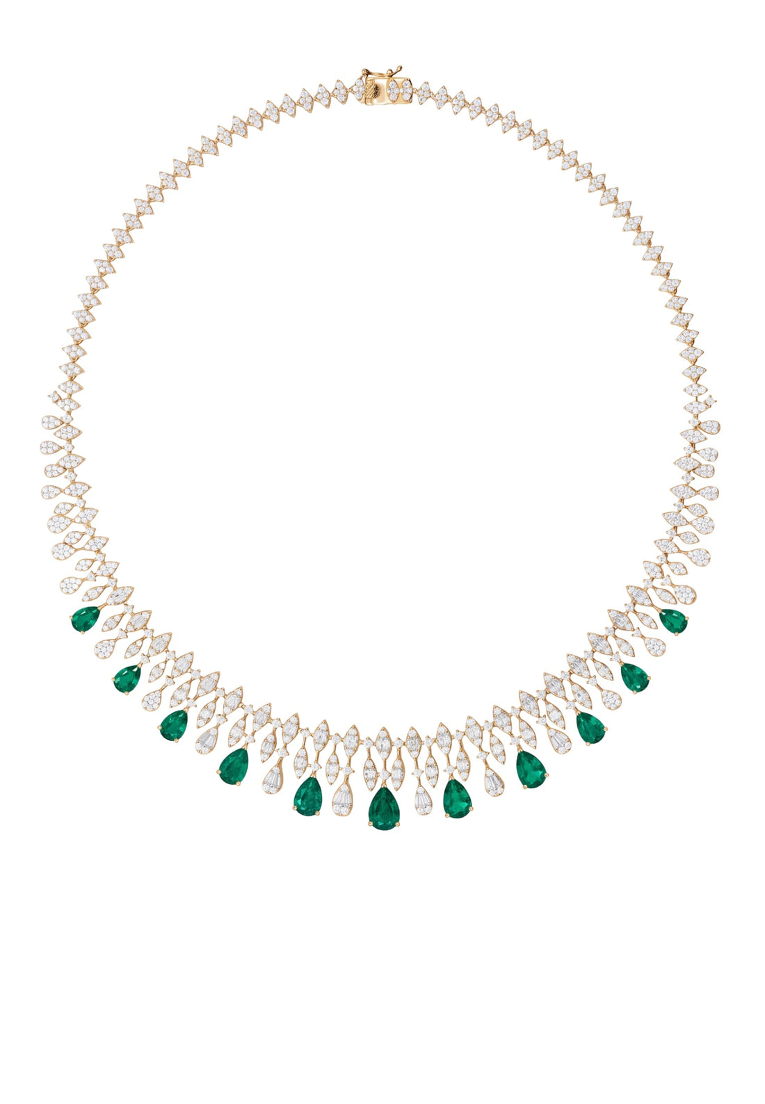 Gold choker-style necklace with emerald green teardrop stones in a collar curve