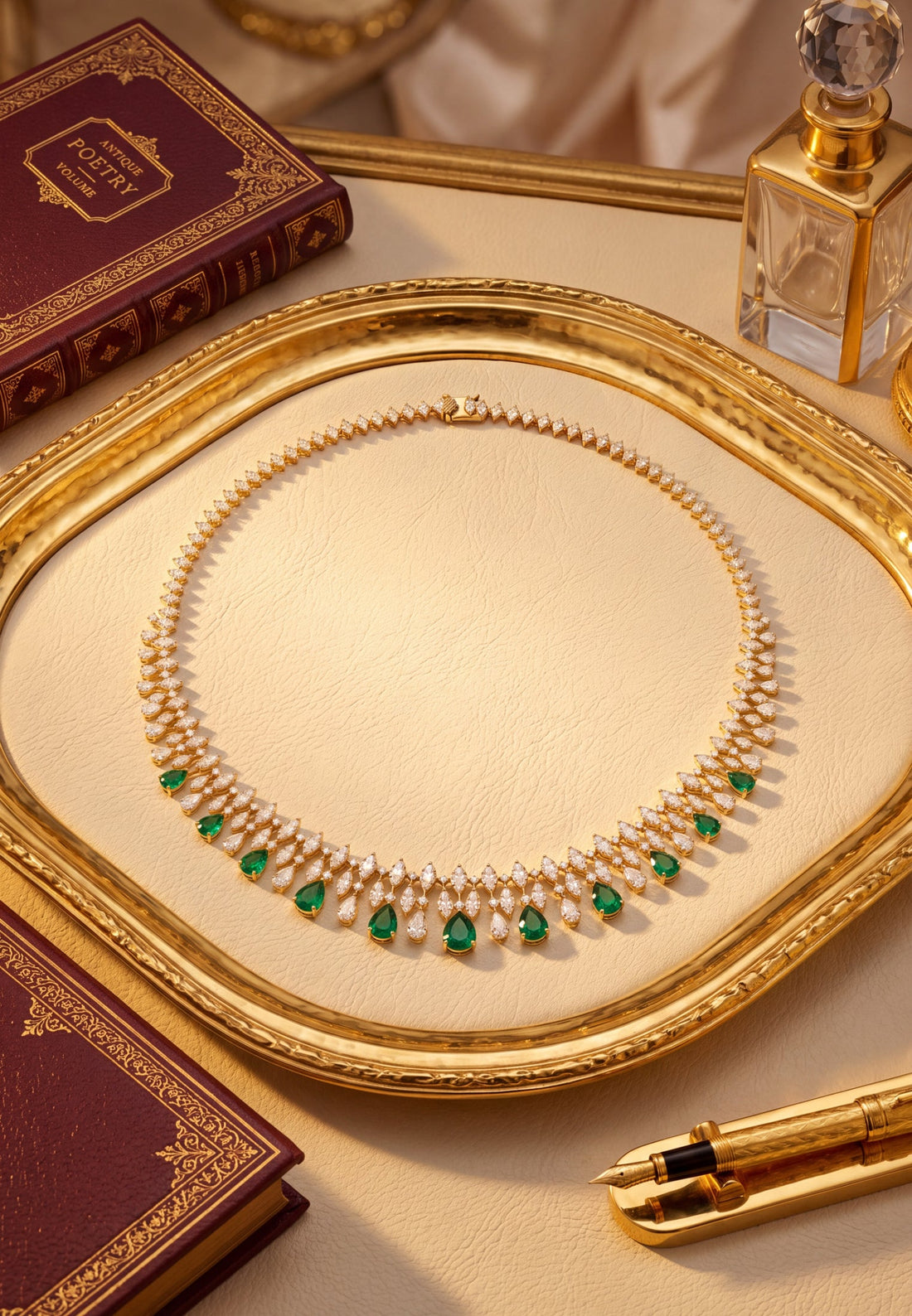 Gold necklace with emerald teardrop stones and sparkle rhinestone band, close-up