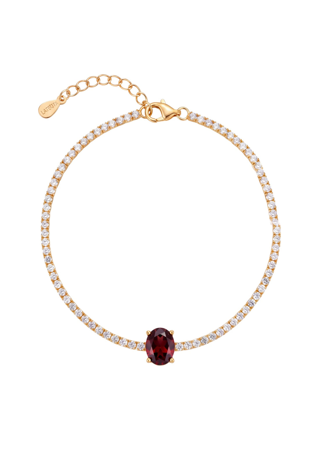 Gold tennis bracelet with oval ruby gemstone center and pavé-style stones