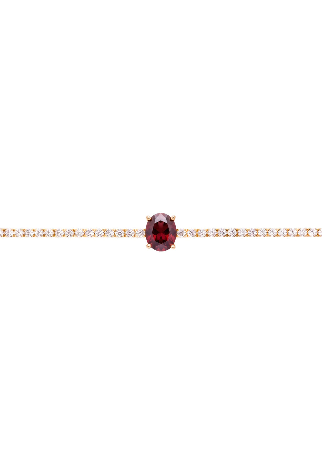 Gold tennis bracelet with oval ruby center stone